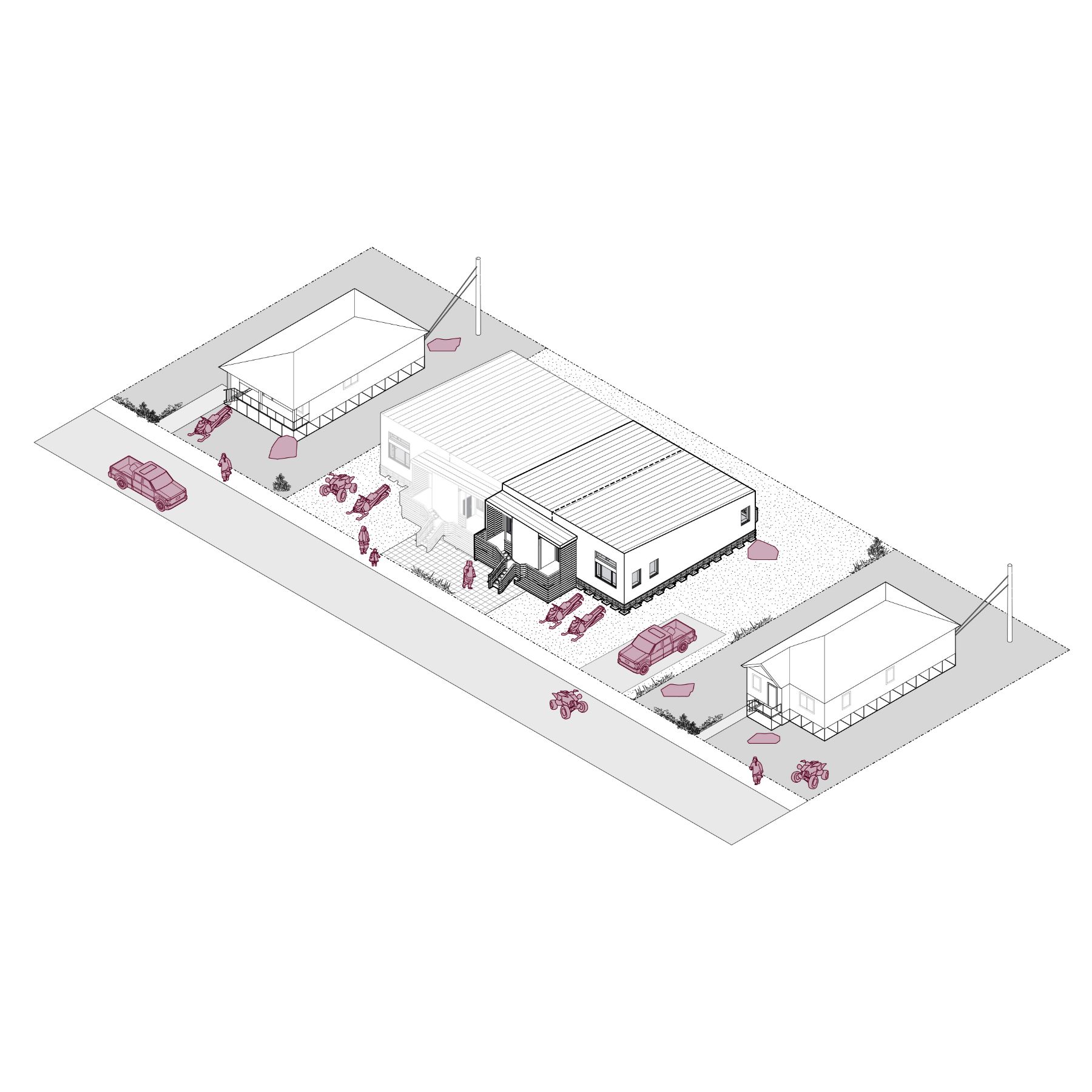 A 3D line rendering of the rowhouse, which has a building footprint of approximately 2,323.8 square feet. The rowhouse is situated within a residential neighbourhood,  among existing homes and aligned with the streetscape.  